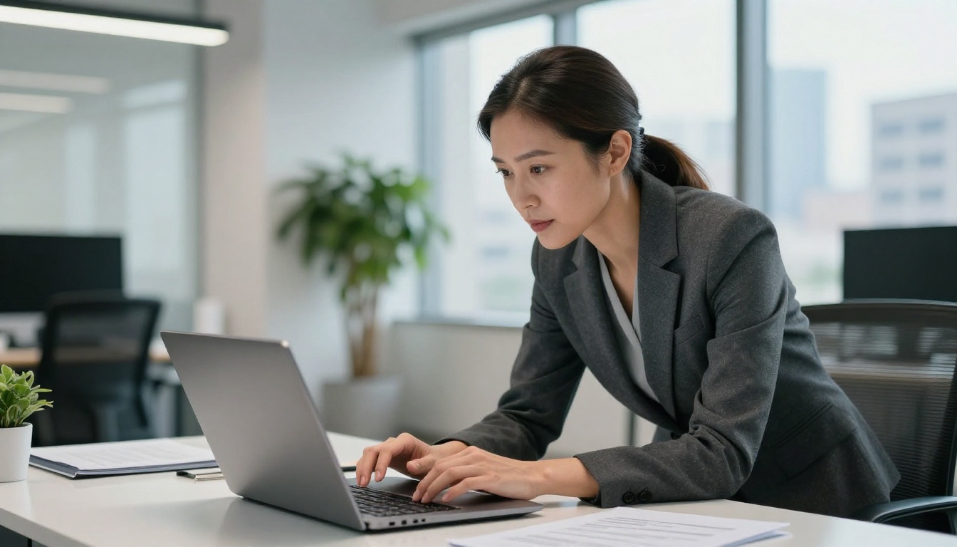Hiring manager leaning forward reviewing a digital flipbook resume