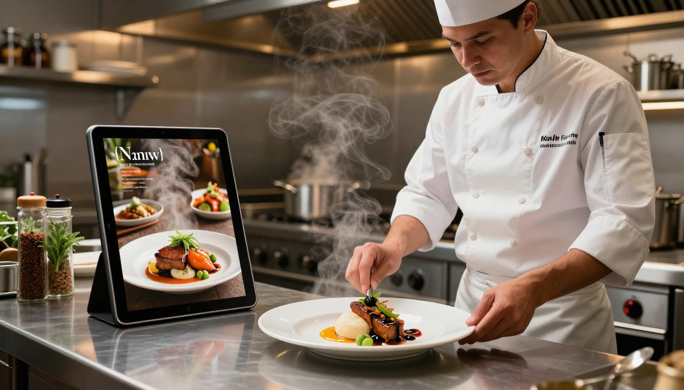 Chef plating dishes in a professional kitchen with a menu displayed on a mounted tablet Chef plating dishes in a professional kitchen with a menu displayed on a mounted tablet