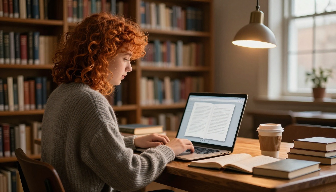 Student reading interactive e-book on laptop in cozy library with warm lamp light