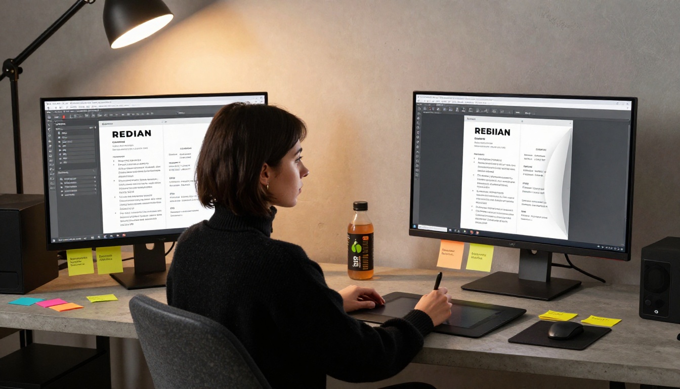 Designer working on resume layout at dual-monitor workstation