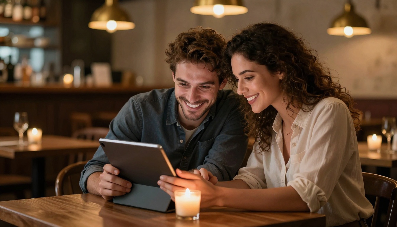 Couple browsing a digital menu together on a tablet at a restaurant Couple browsing a digital menu together on a tablet at a restaurant