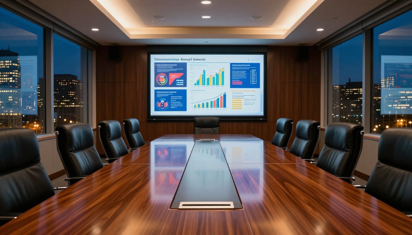 Corporate boardroom with interactive annual report displayed on large screen at night