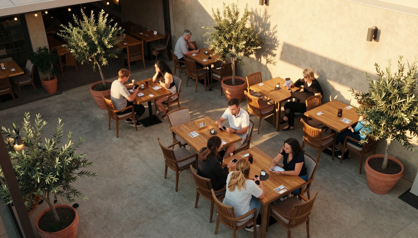 Bird's eye view of a restaurant outdoor patio at golden hour with guests scanning QR codes Bird's eye view of a restaurant outdoor patio at golden hour with guests scanning QR codes
