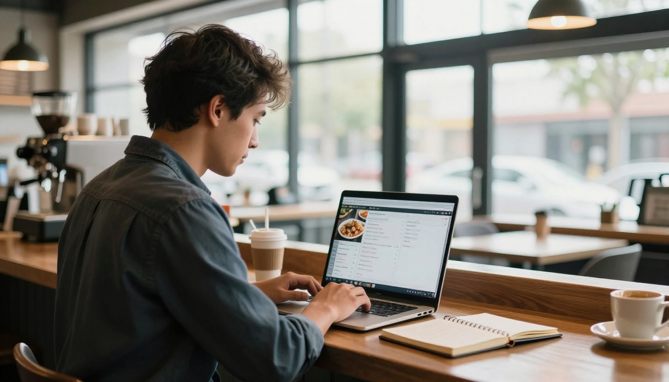 Restaurant owner updating a digital menu on a laptop at a coffee bar Restaurant owner updating a digital menu on a laptop at a coffee bar