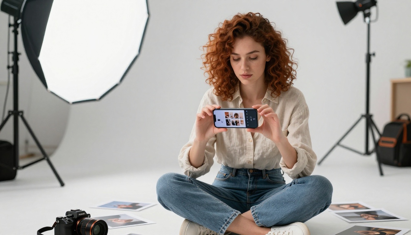 Photographer reviewing portfolio flipbook on smartphone in studio