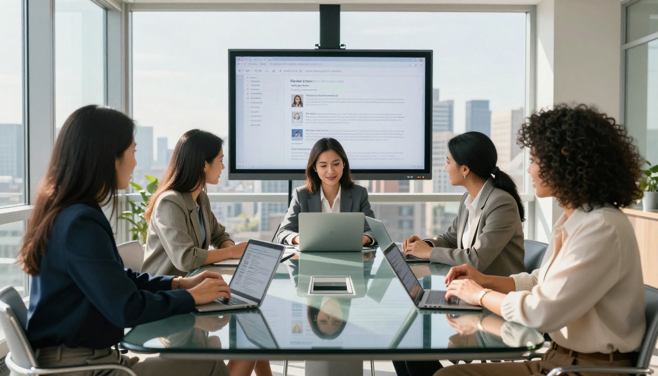 Team of hiring managers reviewing digital resumes in conference room