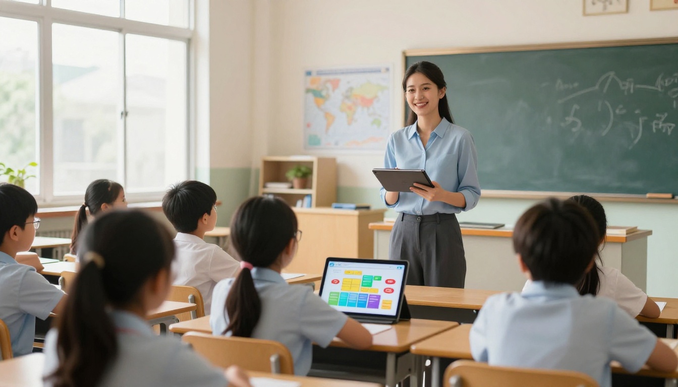 Teacher presenting an interactive flipbook to attentive students in classroom Teacher presenting an interactive flipbook to attentive students in classroom