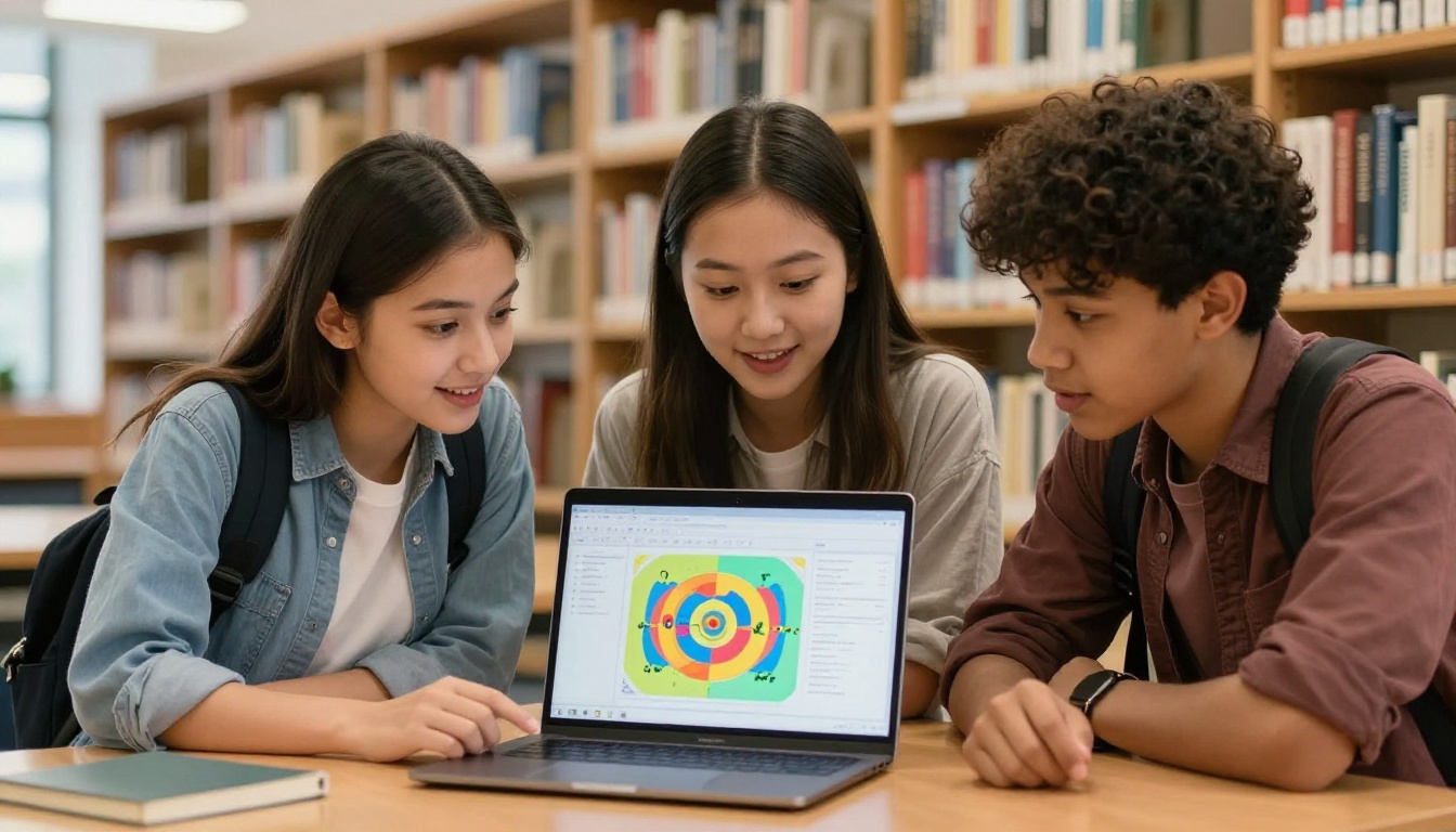 Students collaborating on an interactive flipbook in a school library Students collaborating on an interactive flipbook in a school library