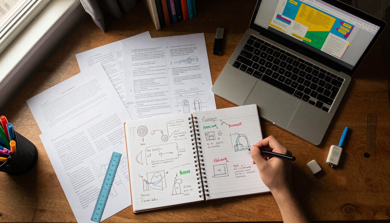Aerial flat-lay of a student study desk covered with school project materials and a laptop showing a flipbook Aerial flat-lay of a student study desk covered with school project materials and a laptop showing a flipbook