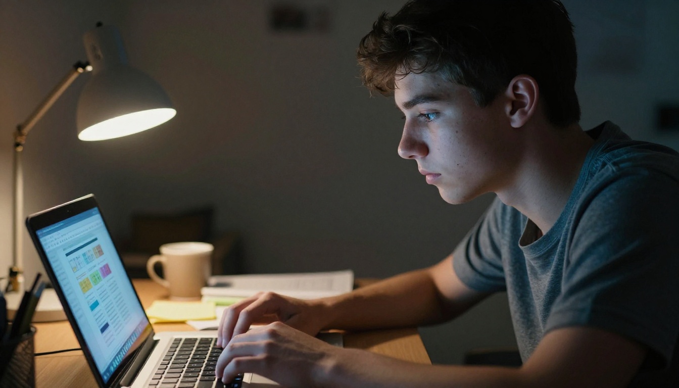 Teenage student working late at night on a school project flipbook, face lit by laptop glow Teenage student working late at night on a school project flipbook, face lit by laptop glow
