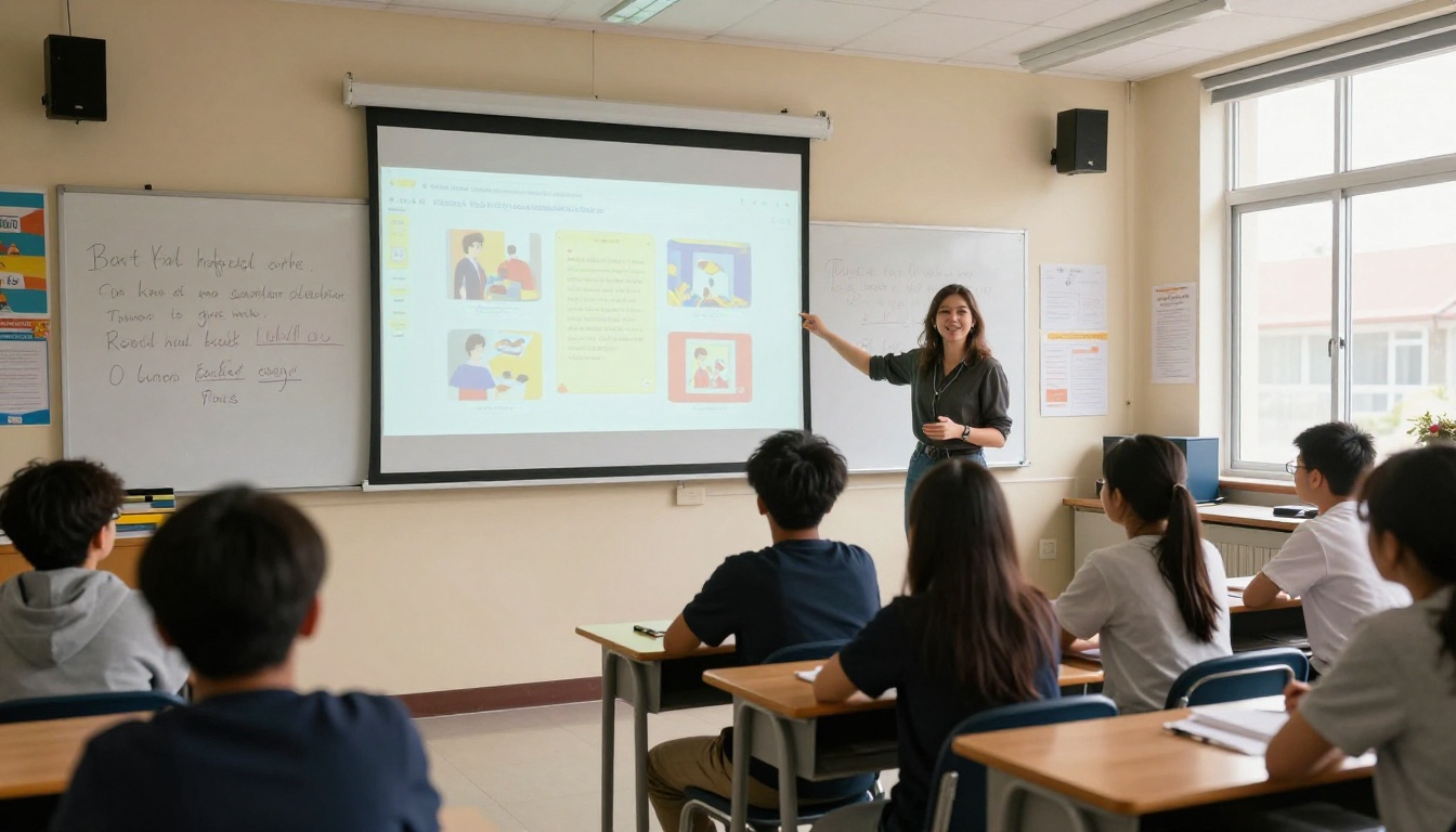 Student confidently presenting their school project as an interactive flipbook on a classroom projector Student confidently presenting their school project as an interactive flipbook on a classroom projector
