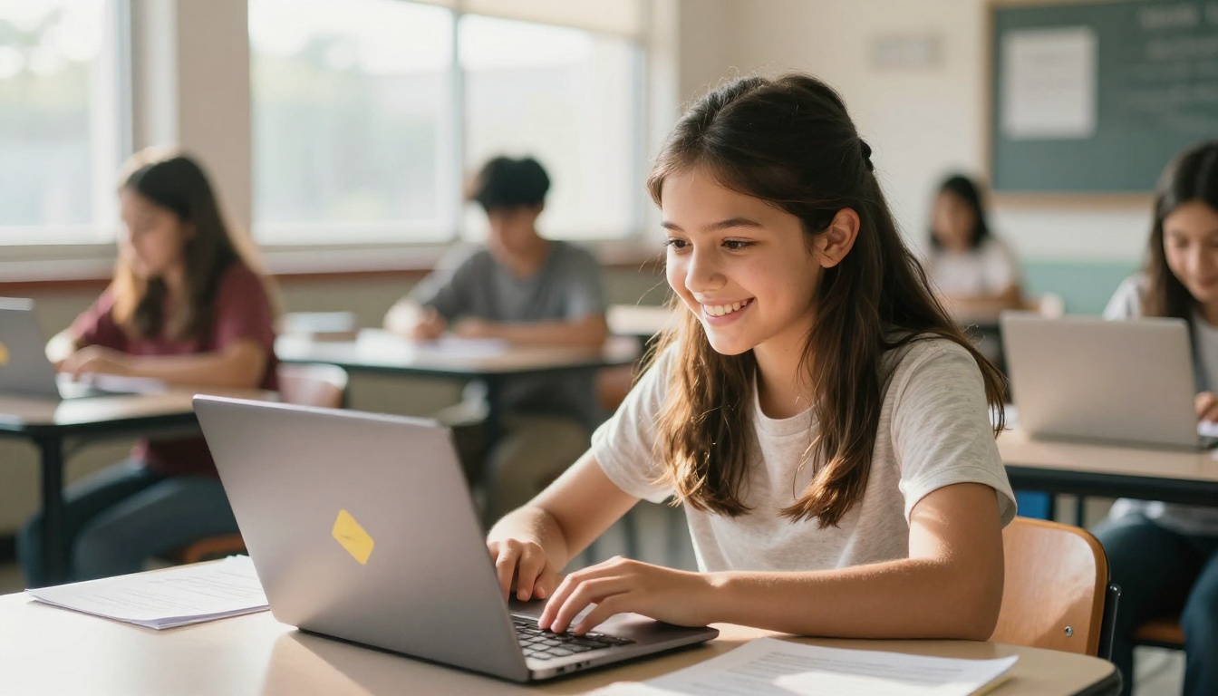 Teenage girl smiling proudly at her completed school project displayed as a colorful interactive flipbook on her laptop Teenage girl smiling proudly at her completed school project displayed as a colorful interactive flipbook on her laptop