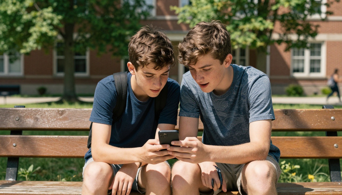 Two students sharing an interactive school project flipbook on a smartphone in a sunny school courtyard Two students sharing an interactive school project flipbook on a smartphone in a sunny school courtyard