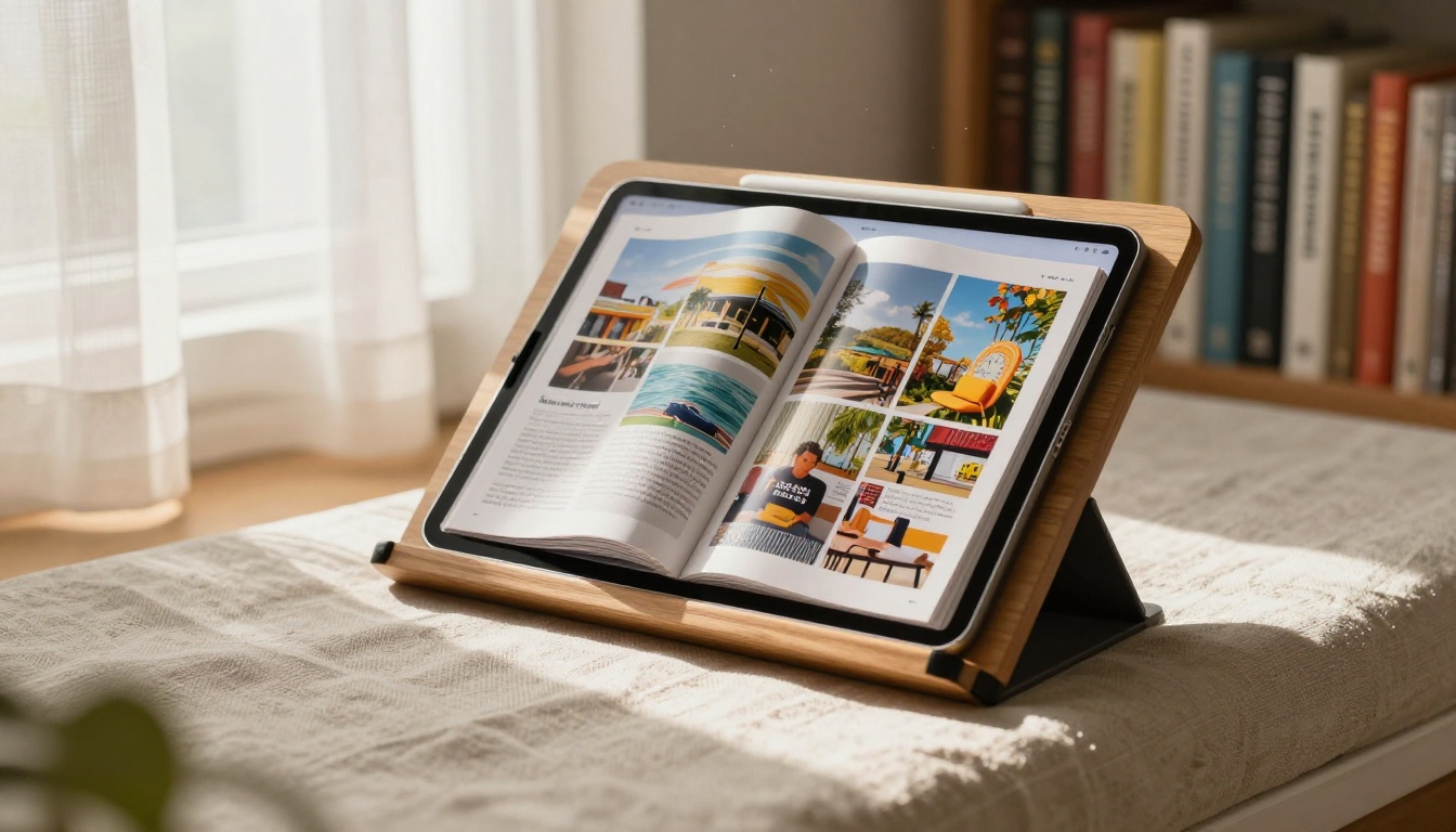 Tablet on a wooden reading stand showing a digital flipbook with page-curl animation by a window