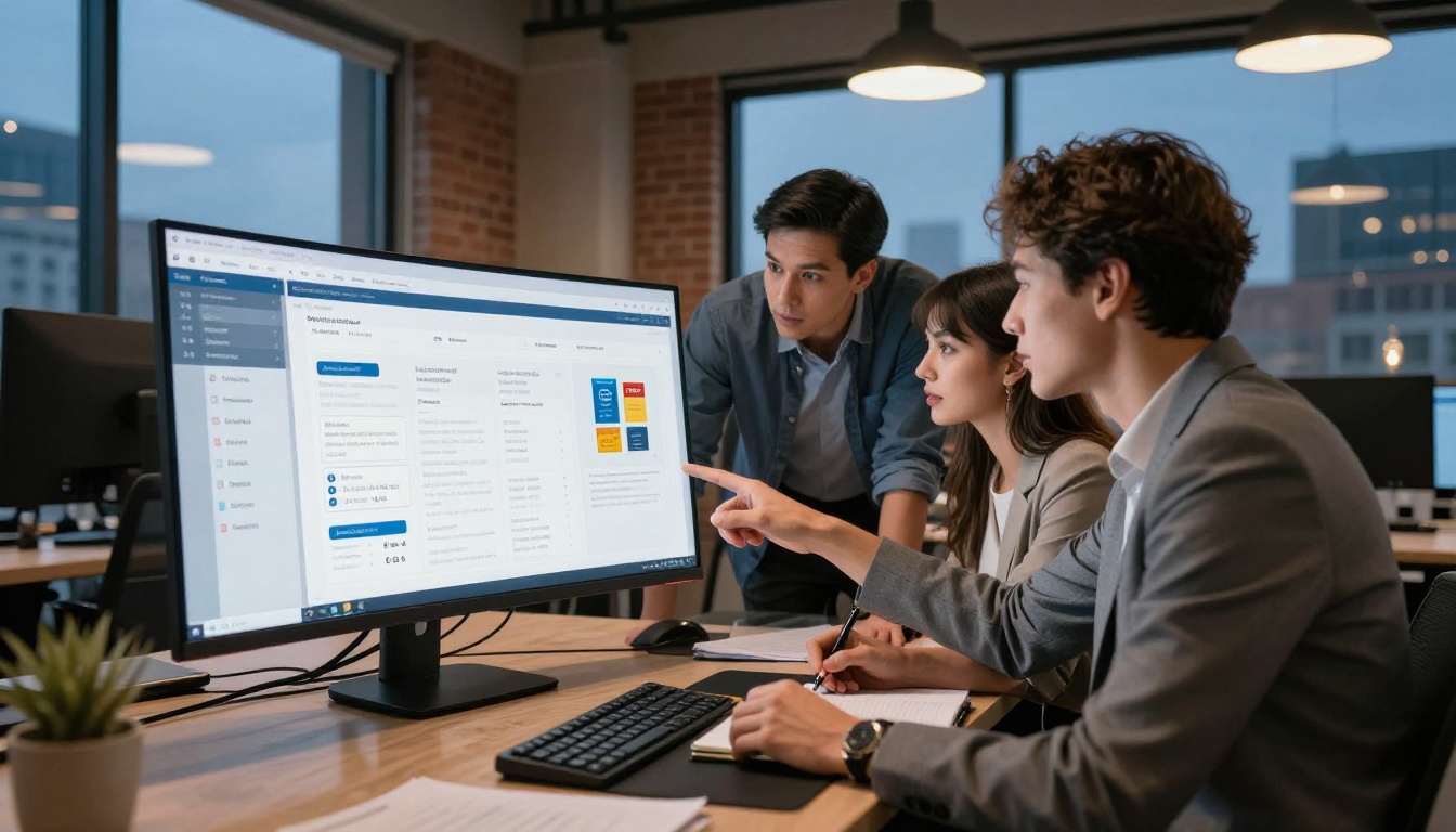 Marketing team reviewing digital flipbook on large curved monitor in a modern open-plan office