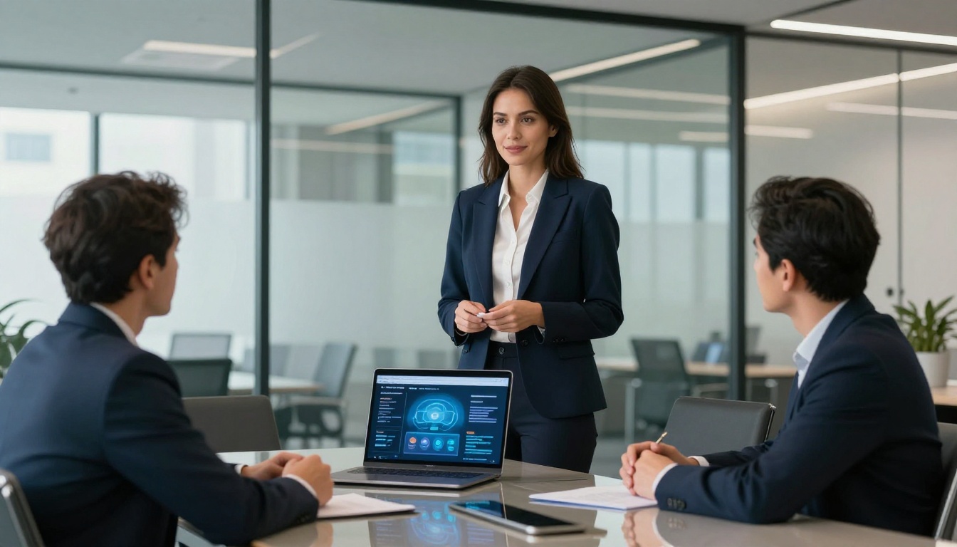 Businesswoman in navy blazer presenting an interactive brochure flipbook in a glass conference room