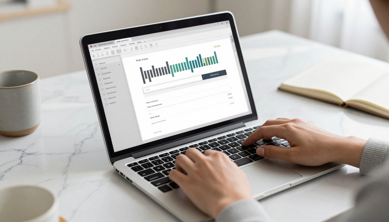 Hands converting a PDF to a flipbook on a MacBook in a bright minimalist marble workspace