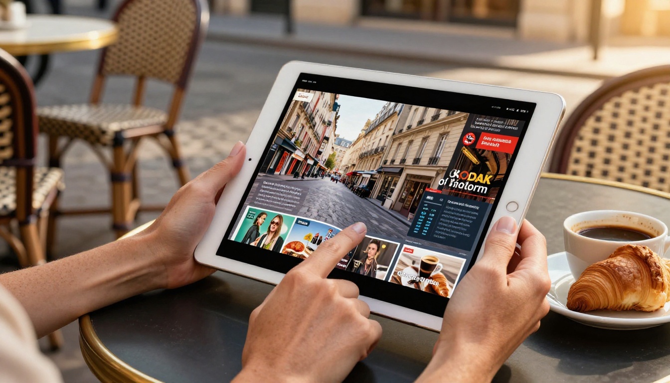 Woman holding an iPad showing a vibrant digital magazine flipbook at an outdoor Parisian cafe in golden light