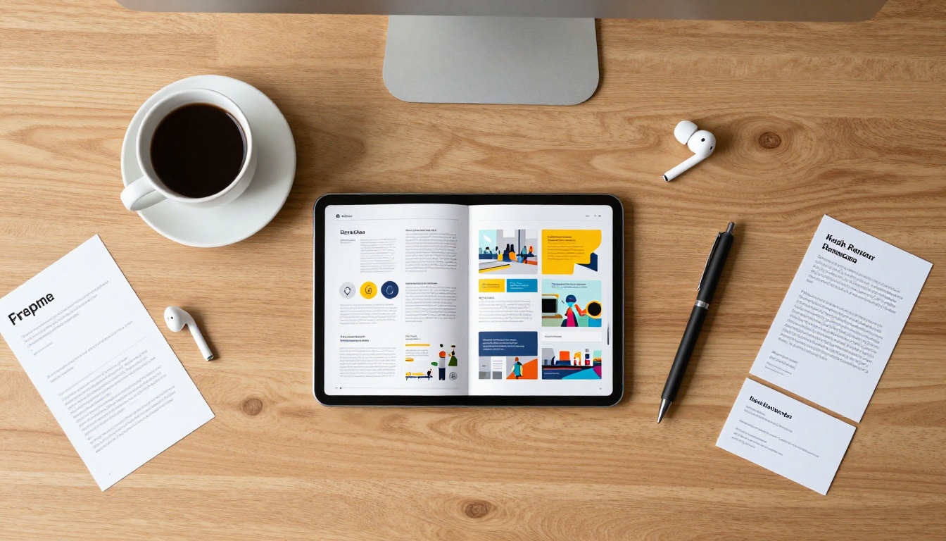 Aerial flat-lay of a smartphone showing an open digital flipbook surrounded by business cards, earbuds, and coffee on a wood desk
