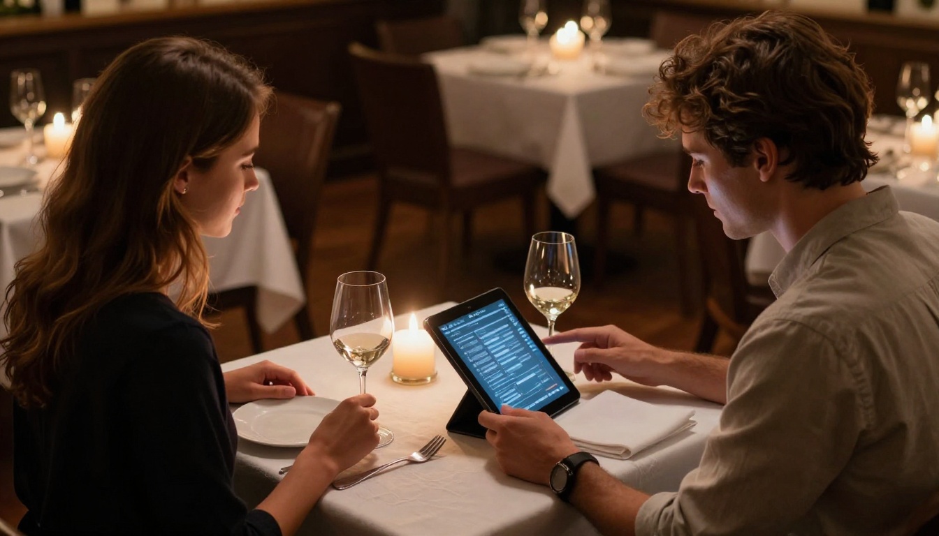 Young couple browsing a digital restaurant menu on a tablet by candlelight at a restaurant table