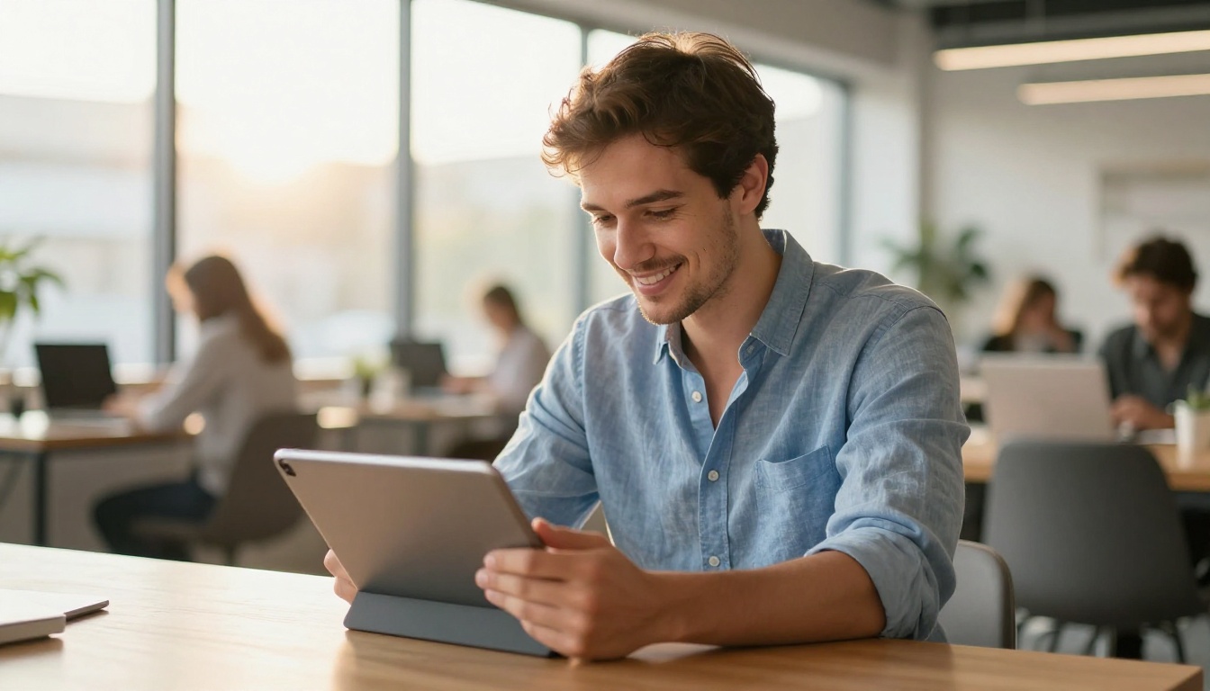 Professional man smiling while reading a digital flipbook on a tablet in a bright co-working space