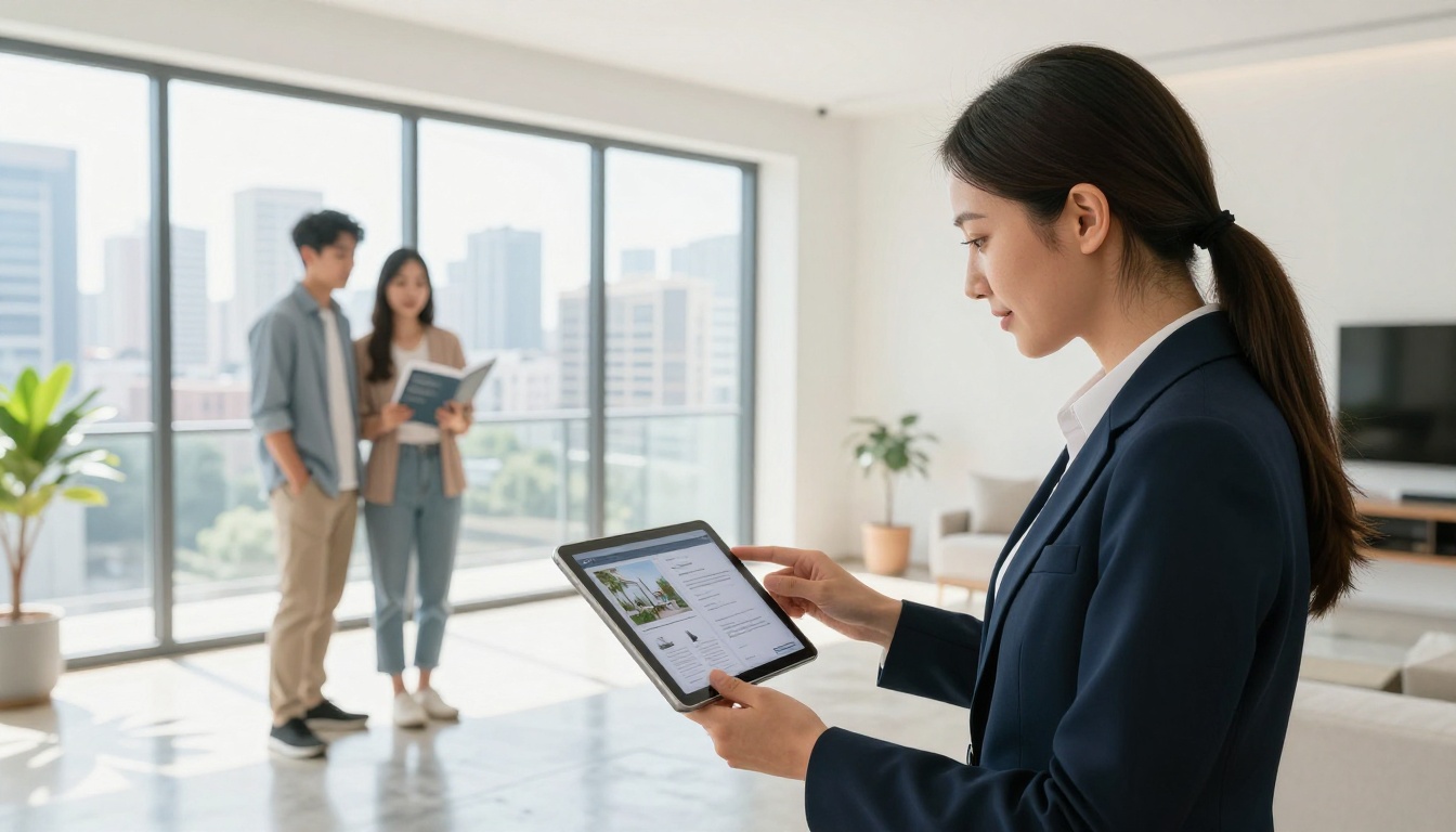 Real estate agent showing a digital property brochure flipbook on a tablet to a couple in a bright apartment