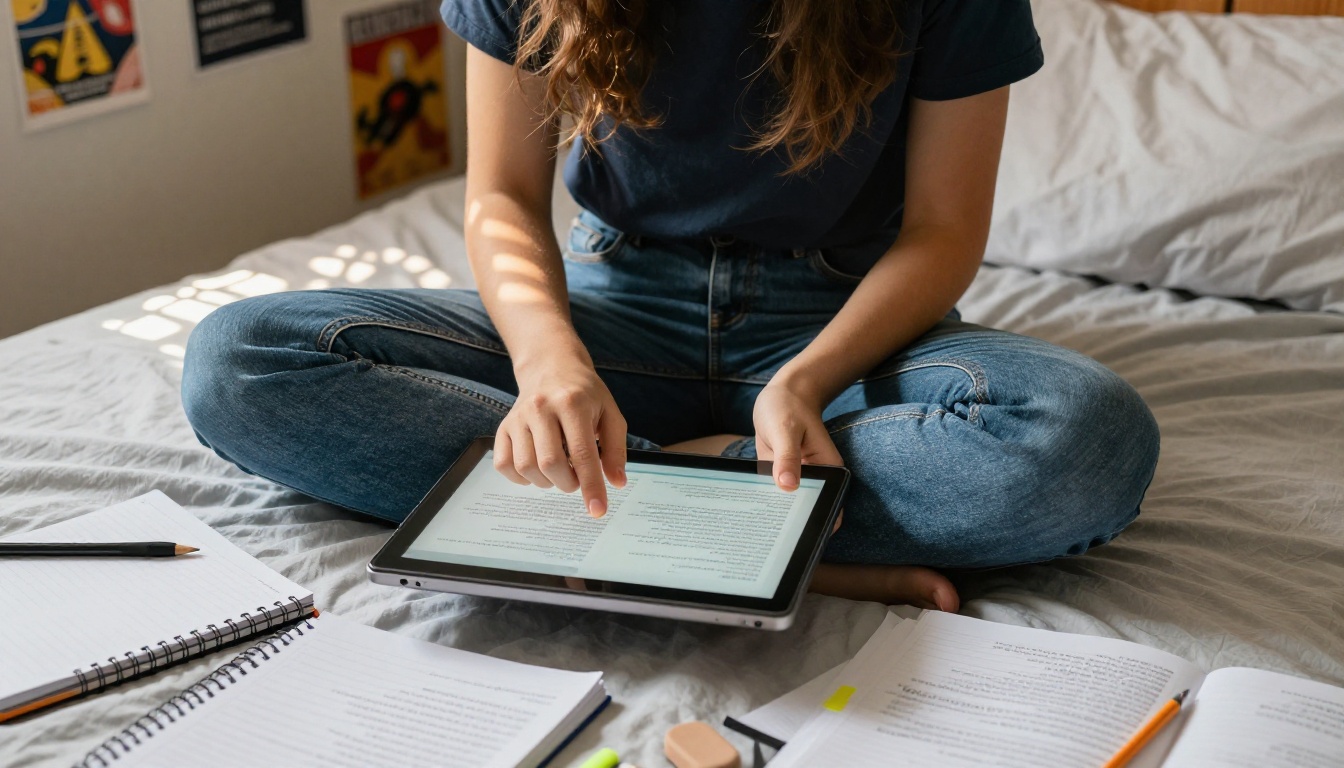 University student studying an interactive digital textbook flipbook on a laptop in a dorm room