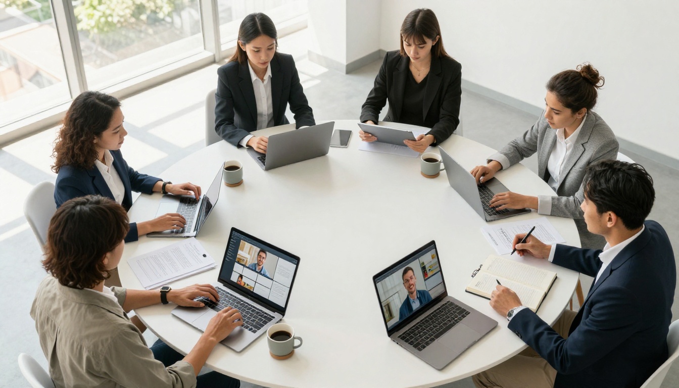 Diverse business team of four around a round meeting table sharing the same flipbook presentation on their devices