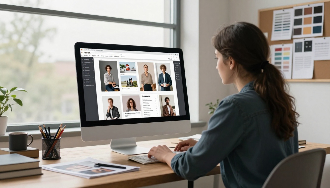 Creative designer reviewing a digital portfolio flipbook on an iMac in a light-filled studio
