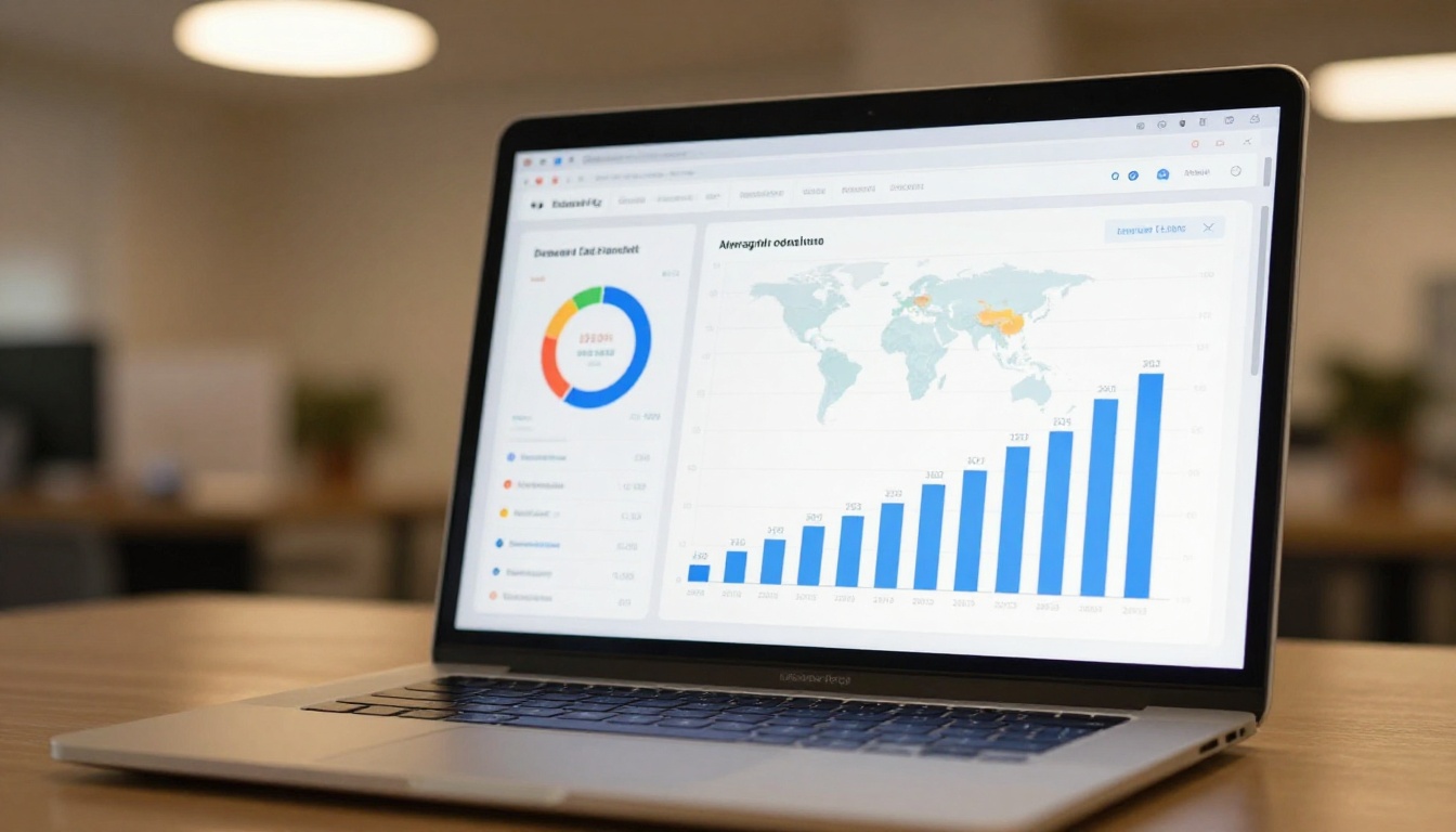 Laptop screen showing a professional flipbook analytics dashboard with page view charts, read time metrics, and geographic data