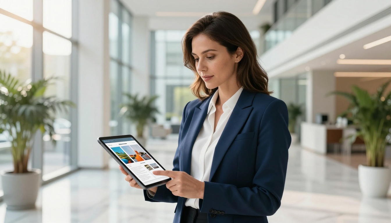Confident professional woman in a navy blazer holding a tablet with an open flipbook product catalog in a bright corporate lobby