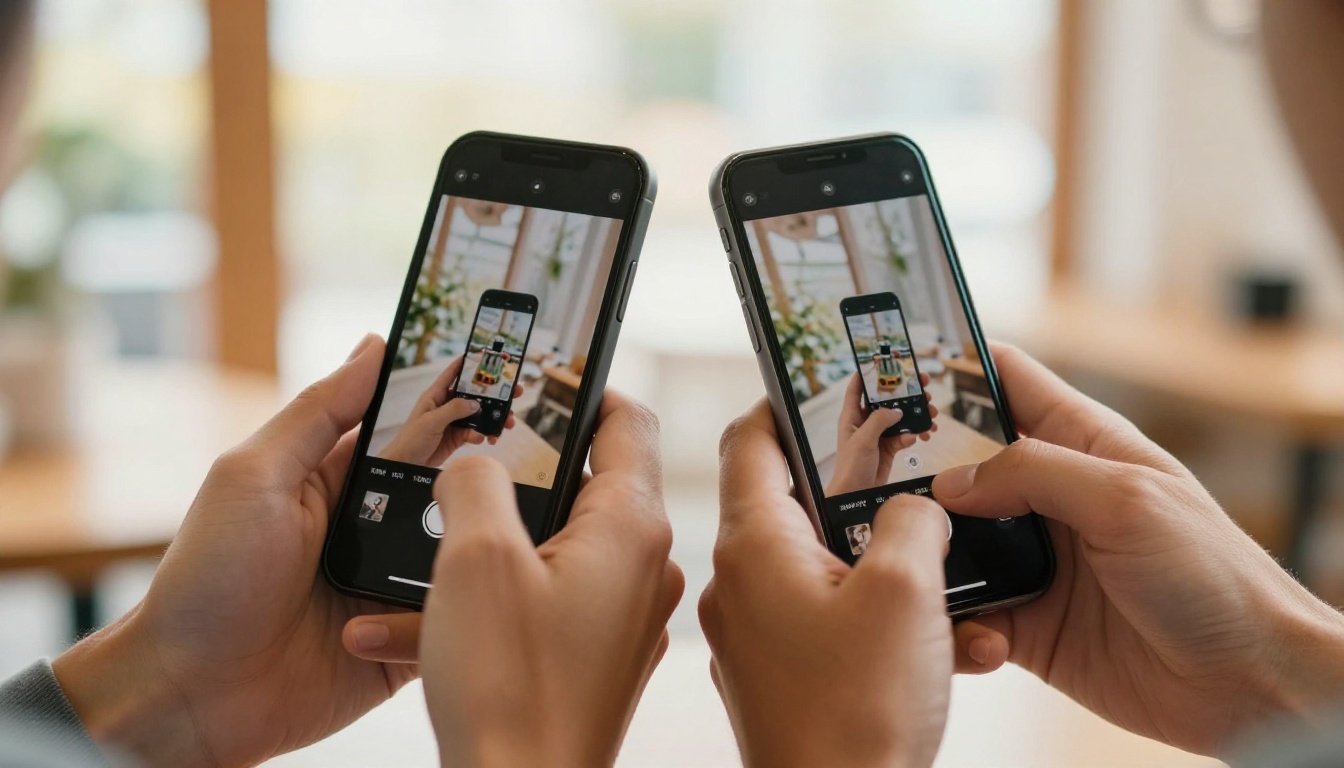 Two people holding smartphones side by side showing the same shared flipbook open to identical product pages