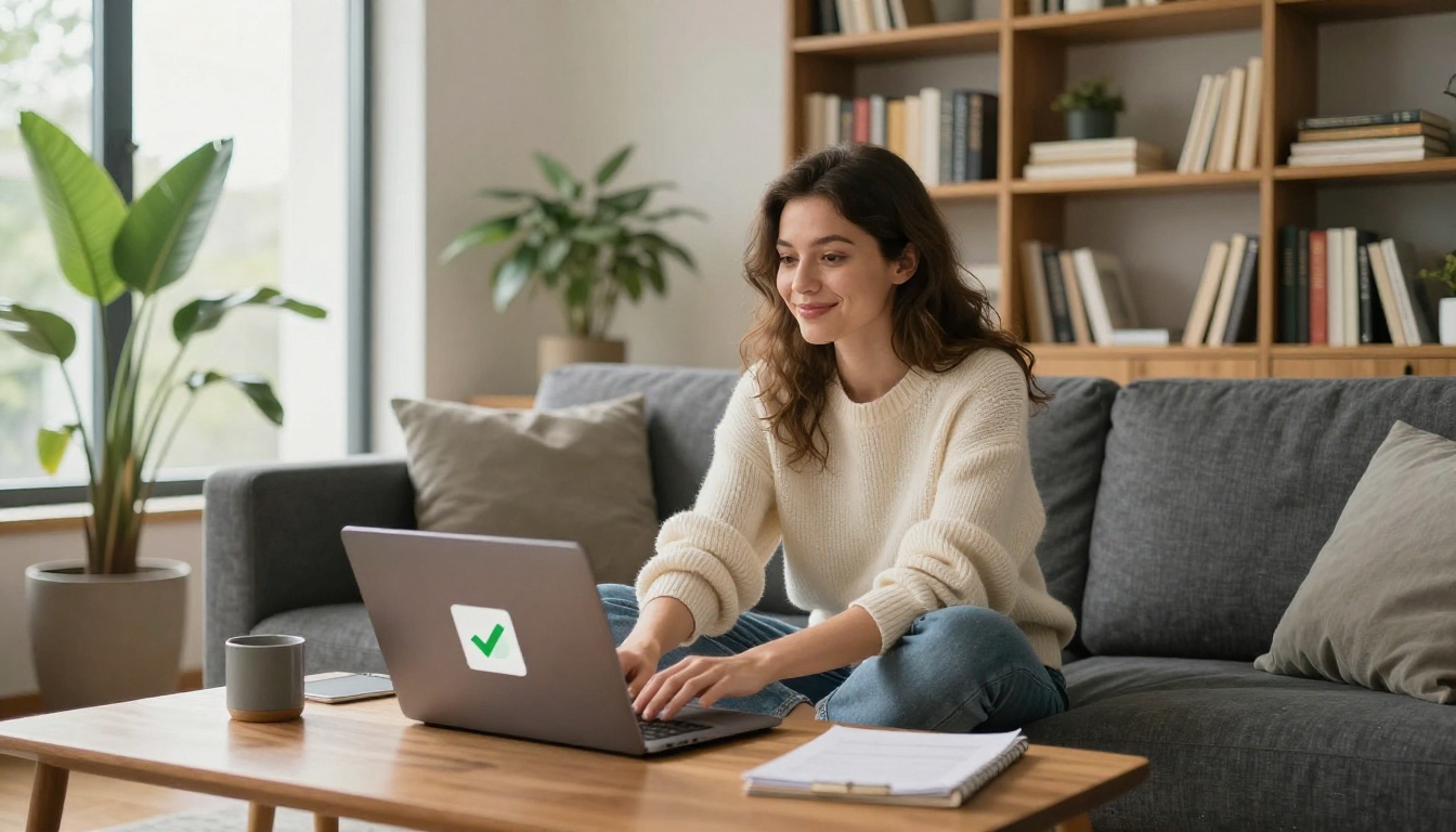 Young professional woman sitting on a sofa with a laptop showing a flipbook share success screen in a bright home office