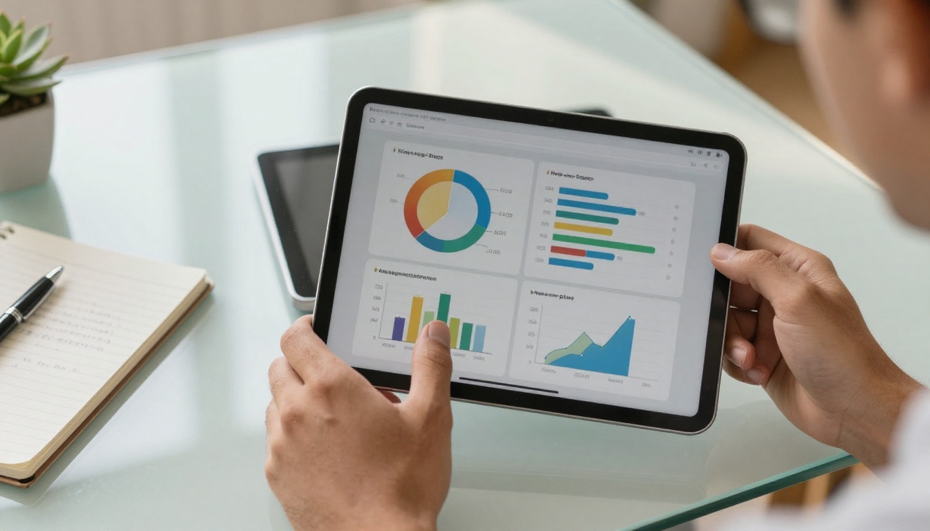 Marketing professional's hands holding a tablet showing engagement analytics and reader metrics data Marketing professional's hands holding a tablet showing engagement analytics and reader metrics data