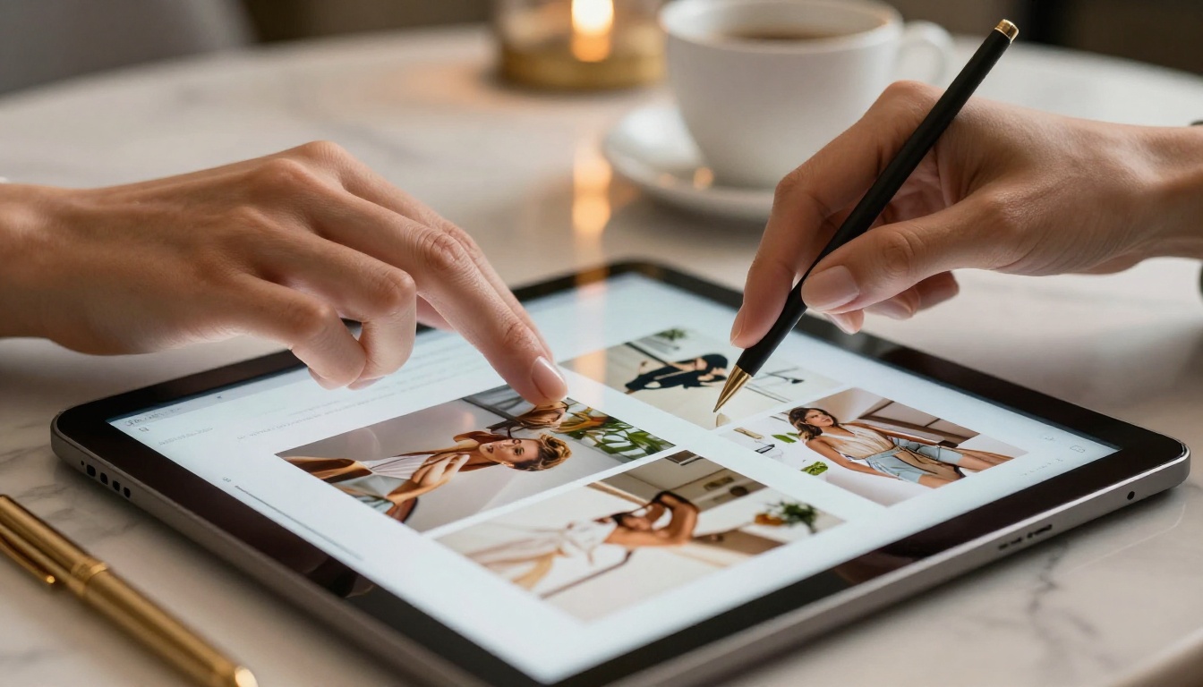 Elegant hands swiping through a luxury fashion catalog digital flipbook on tablet, mid-page-turn Elegant hands swiping through a luxury fashion catalog digital flipbook on tablet, mid-page-turn