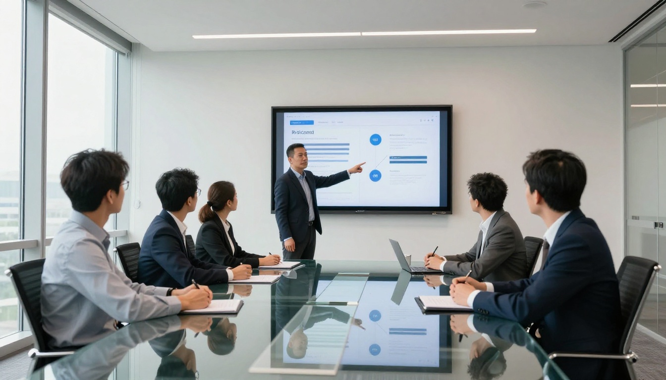 Business professionals actively engaged with an interactive flipbook presentation on large conference room screen Business professionals actively engaged with an interactive flipbook presentation on large conference room screen