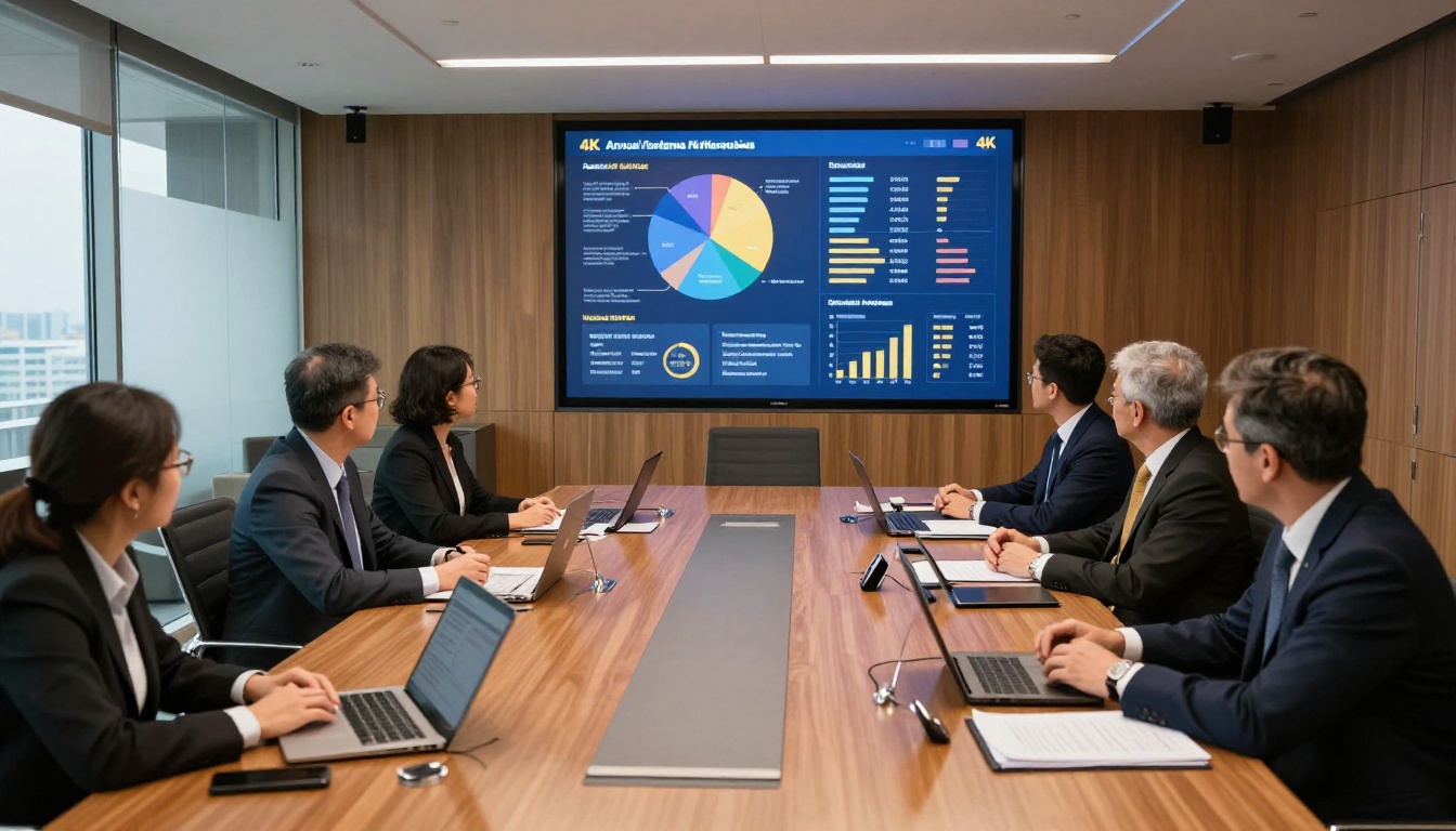 Corporate boardroom with five executives reviewing an interactive annual report on a large wall display, navy and gold infographics visible, formal polished walnut table setting Corporate boardroom with five executives reviewing an interactive annual report on a large wall display, navy and gold infographics visible, formal polished walnut table setting