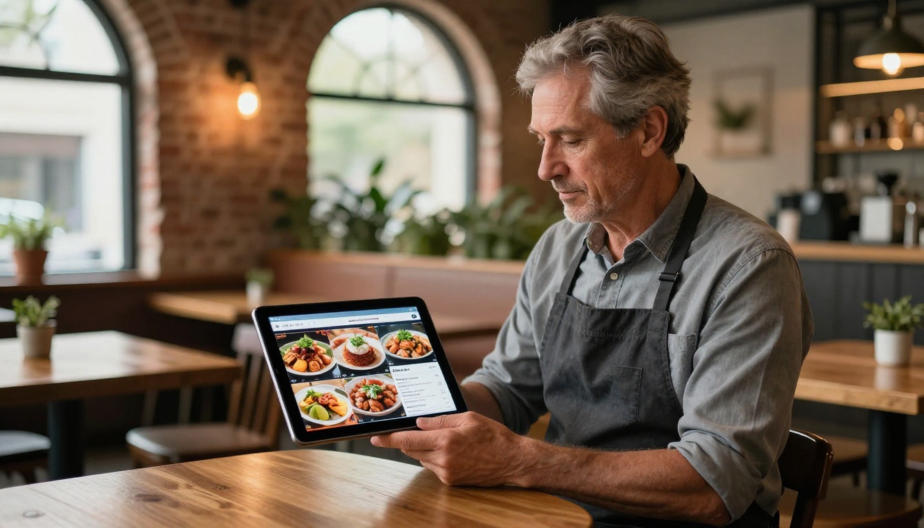 Restaurant owner reviewing a beautifully formatted digital menu flipbook on tablet in warm restaurant setting Restaurant owner reviewing a beautifully formatted digital menu flipbook on tablet in warm restaurant setting