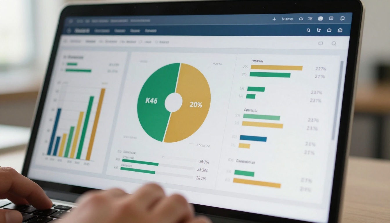 Extreme close-up of laptop screen displaying a financial data dashboard with colorful bar graphs, donut charts, and KPI metrics in navy, green, and gold color scheme Extreme close-up of laptop screen displaying a financial data dashboard with colorful bar graphs, donut charts, and KPI metrics in navy, green, and gold color scheme