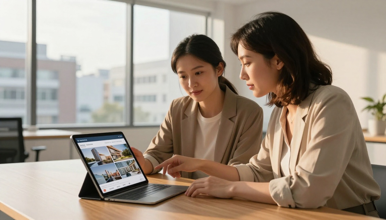 Real estate agent showing a luxury property brochure flipbook on tablet to a young couple in a modern office Real estate agent showing a luxury property brochure flipbook on tablet to a young couple in a modern office