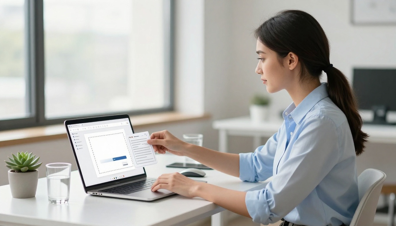 Young professional woman at a bright minimalist white desk uploading a PDF document to a clean web interface, soft natural light from the left window Young professional woman at a bright minimalist white desk uploading a PDF document to a clean web interface, soft natural light from the left window