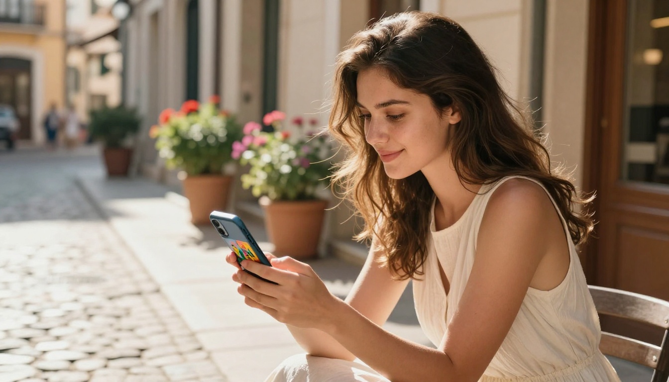 Young woman happily viewing a colorful interactive flipbook on her smartphone at a sunny outdoor cafe terrace Young woman happily viewing a colorful interactive flipbook on her smartphone at a sunny outdoor cafe terrace