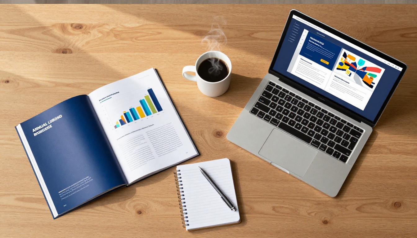 Overhead flat-lay of a clean oak desk with a printed annual report booklet open on the left and a slim laptop showing the interactive digital flipbook version on the right Overhead flat-lay of a clean oak desk with a printed annual report booklet open on the left and a slim laptop showing the interactive digital flipbook version on the right