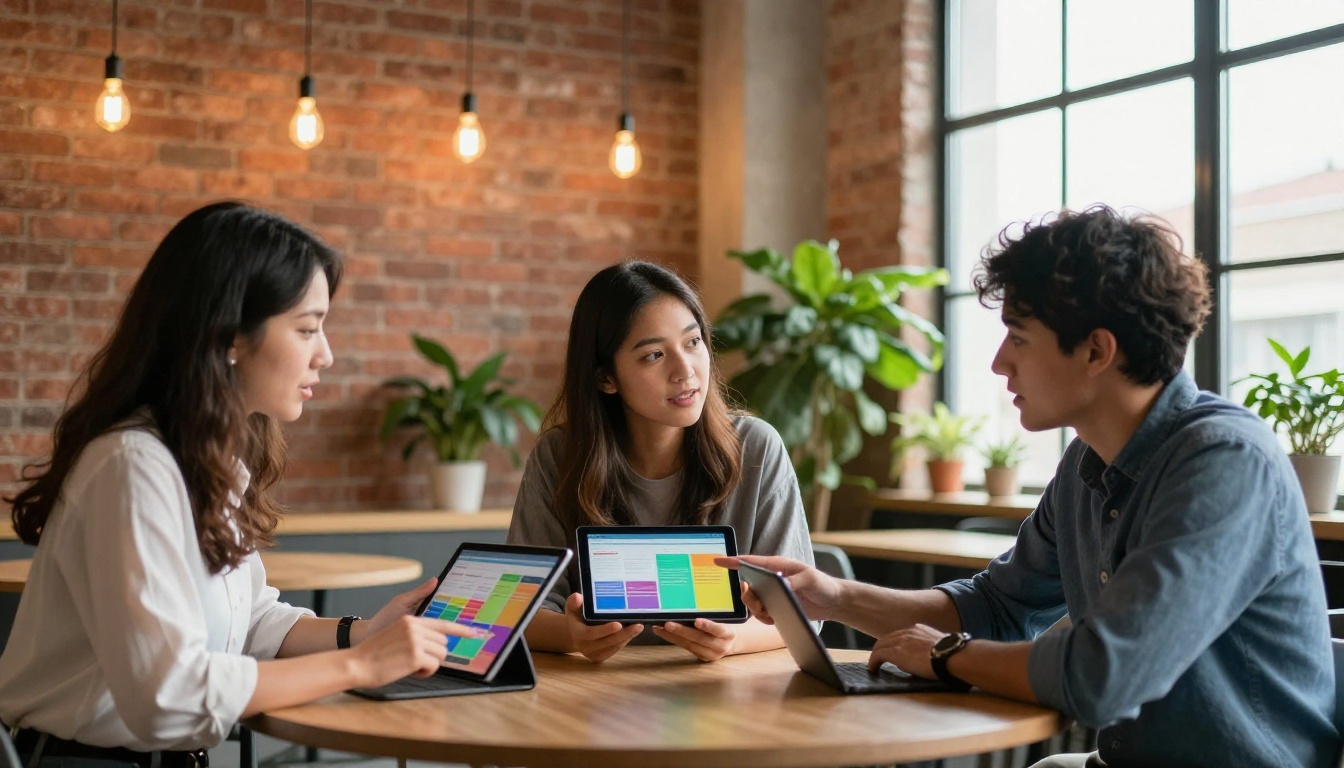 Three young professionals gathered around a conference table, each holding a tablet showing different colorful pages of a digital annual report, warm co-working space interior Three young professionals gathered around a conference table, each holding a tablet showing different colorful pages of a digital annual report, warm co-working space interior