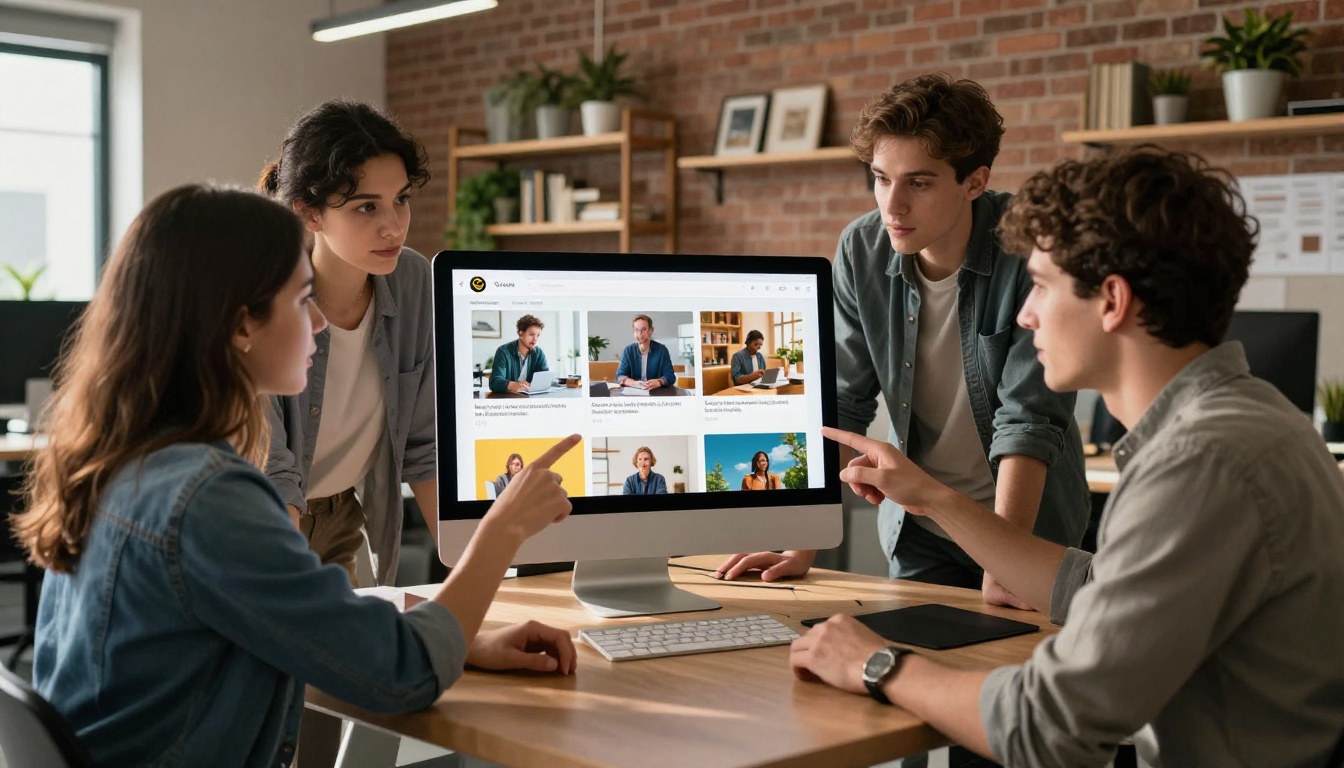 E-commerce marketing team reviewing a digital product catalog flipbook together on a large desktop monitor E-commerce marketing team reviewing a digital product catalog flipbook together on a large desktop monitor