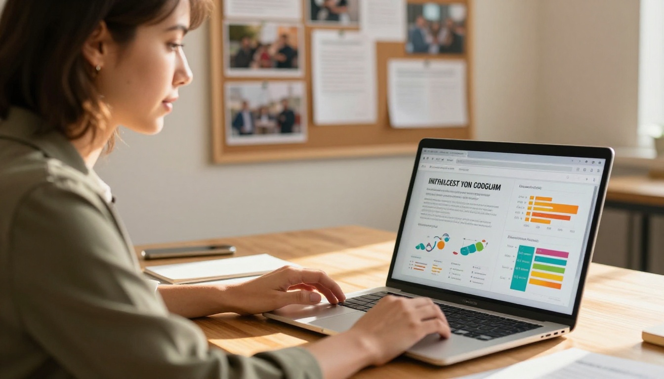 Nonprofit worker in olive green blazer reviewing annual impact report on a laptop at a wooden table, warm golden afternoon light through a window Nonprofit worker in olive green blazer reviewing annual impact report on a laptop at a wooden table, warm golden afternoon light through a window