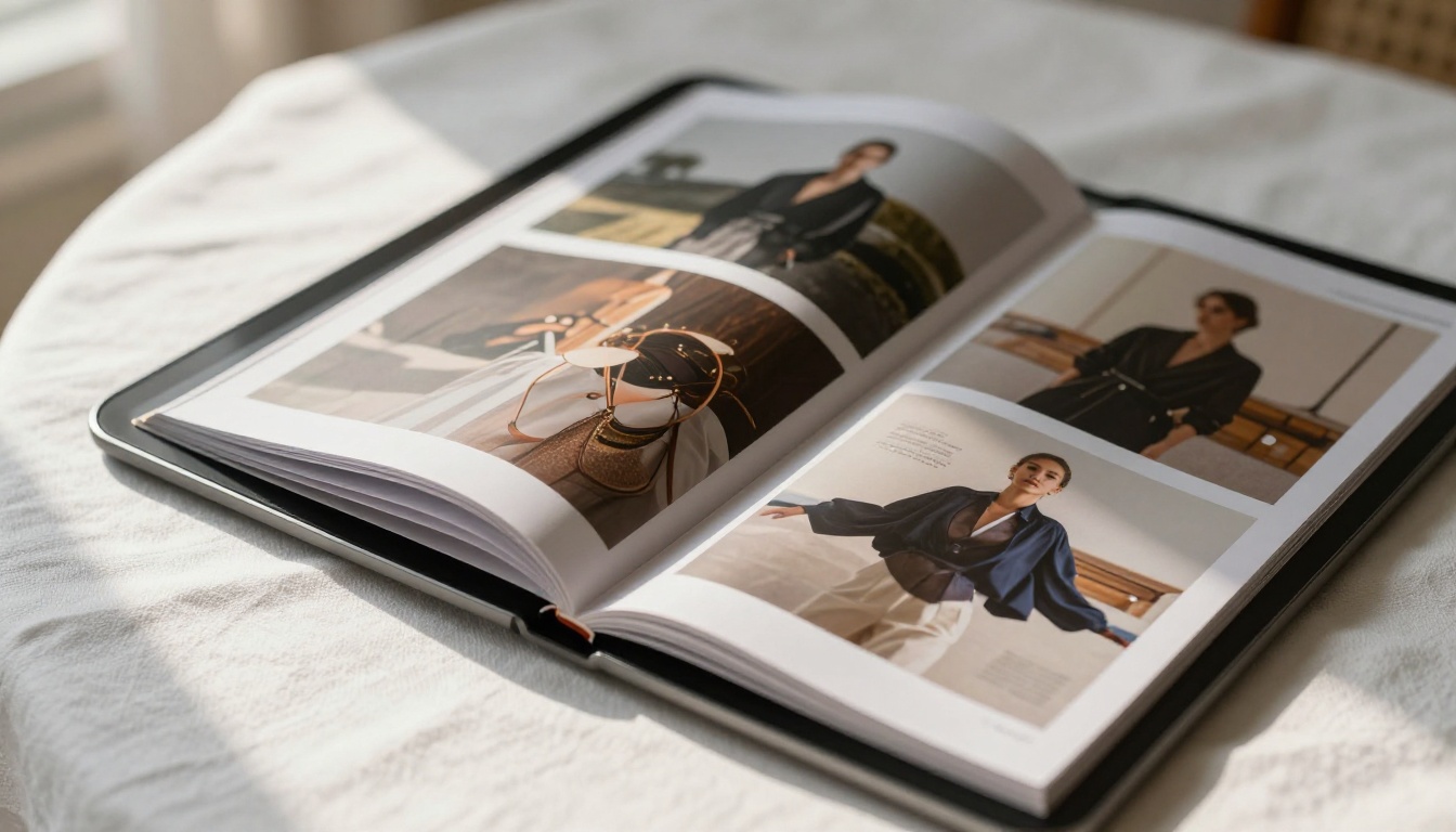 Luxury fashion catalog digital flipbook captured mid-page-turn in macro detail on white linen surface Luxury fashion catalog digital flipbook captured mid-page-turn in macro detail on white linen surface