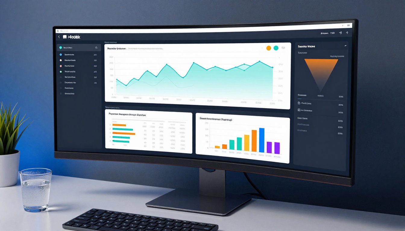 Curved ultrawide monitor displaying a clean analytics dashboard with line graphs, heatmap overlay, and bar charts for reader activity tracking on a digital publication Curved ultrawide monitor displaying a clean analytics dashboard with line graphs, heatmap overlay, and bar charts for reader activity tracking on a digital publication