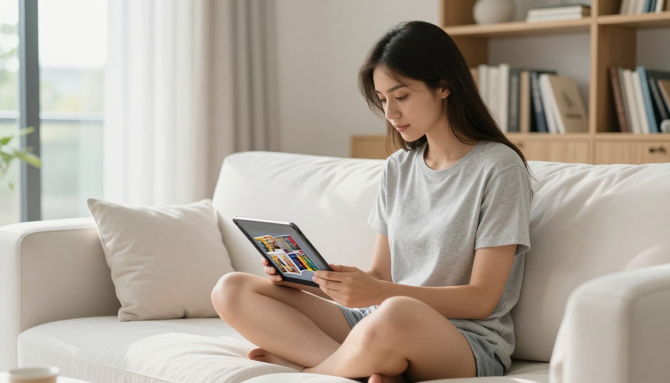Young woman sitting cross-legged on a white sofa reviewing a digital flipbook on tablet Young woman sitting cross-legged on a white sofa reviewing a digital flipbook on tablet