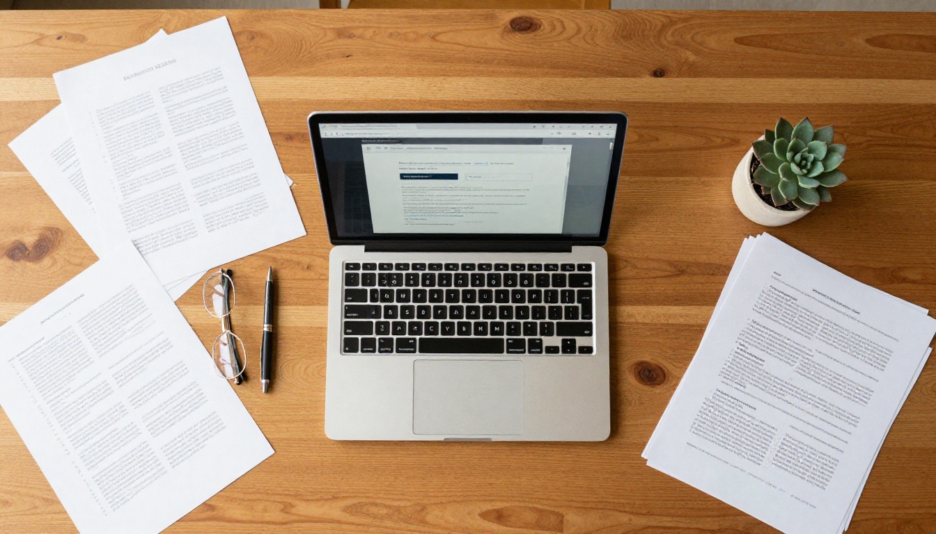 Aerial overhead view of a wooden desk with a laptop and scattered brochure layouts Aerial overhead view of a wooden desk with a laptop and scattered brochure layouts